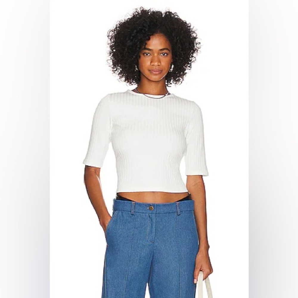 VINCE Rib Elbow Short Sleeve Cropped Top Shirt